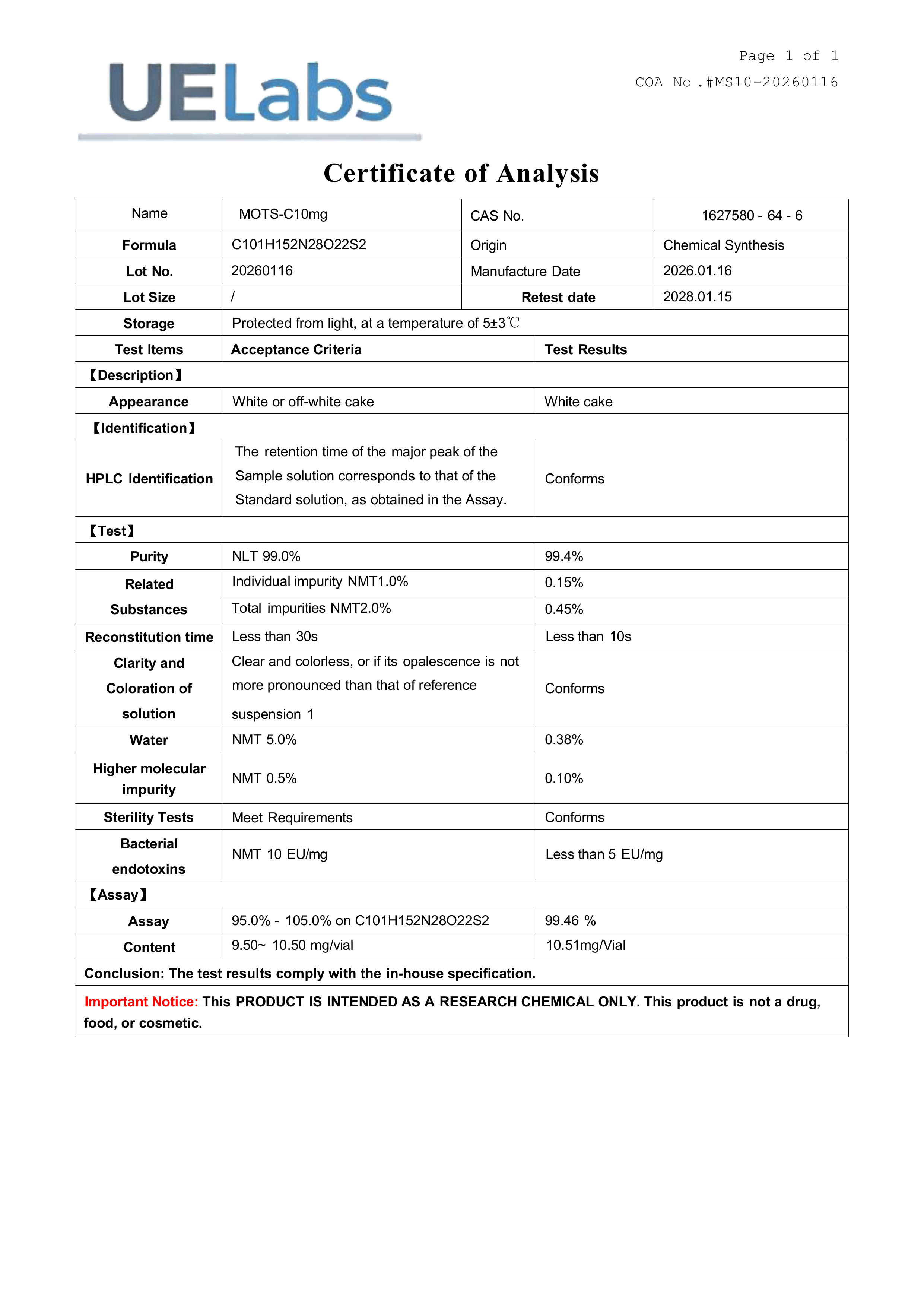 MOTS-C 10mg Research Peptide