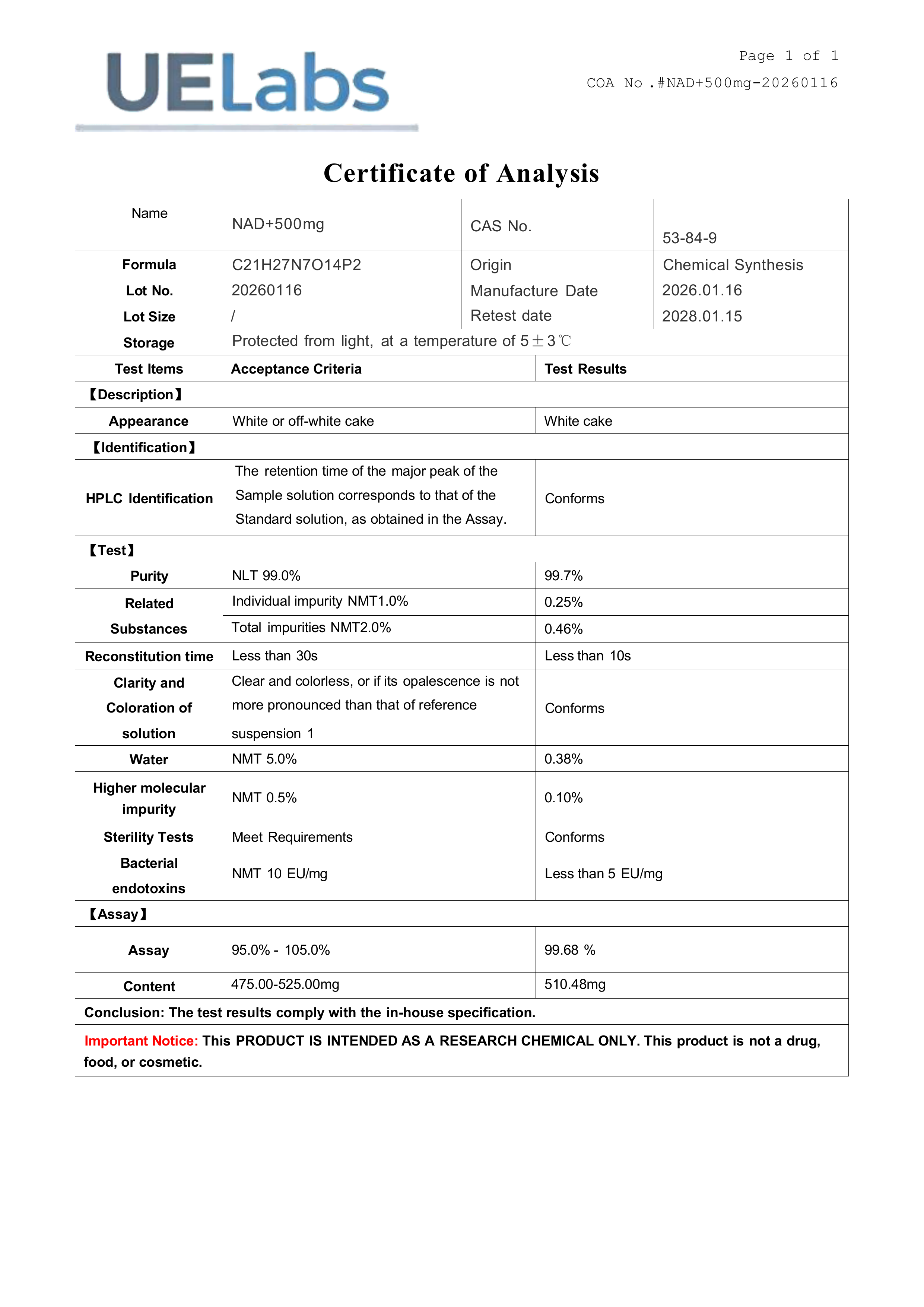 NAD+ 500mg Research Peptide