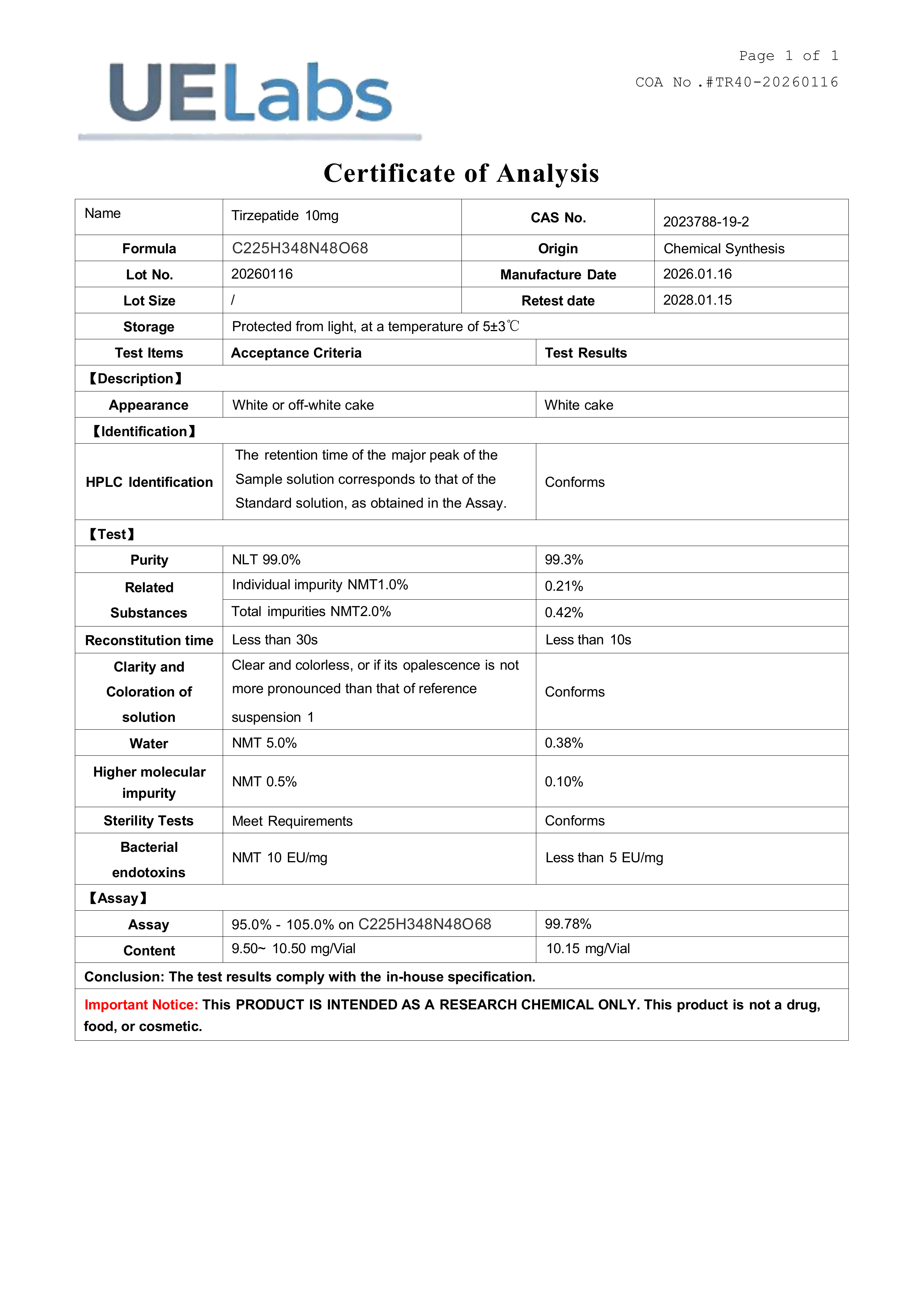 Tirzepatide 10mg Research Peptide